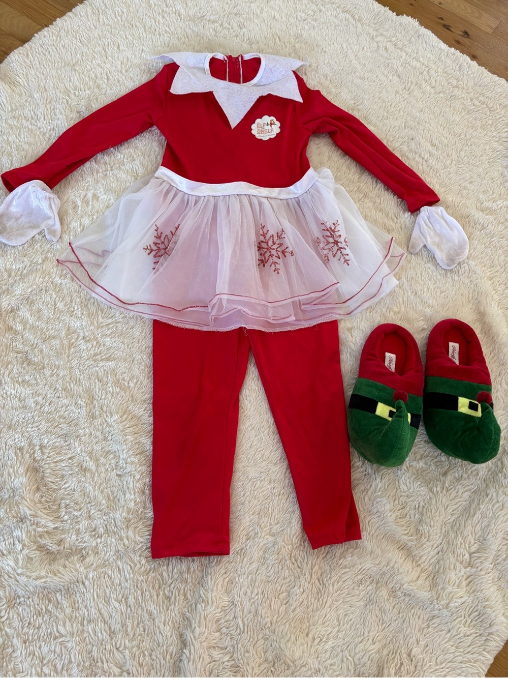Red Elf on the shelf  girls Costume with White Tulle Skirt,elf slippers and mitt